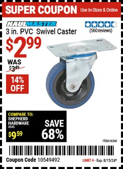 Harbor Freight Coupon HAUL-MASTER 3 IN. PVC SWIVEL CASTER Lot No. 66360 Expired: 8/15/24 - $2.99