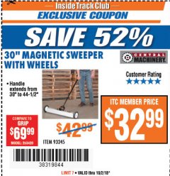 Harbor Freight ITC Coupon 30" MAGNETIC SWEEPER WITH WHEELS Lot No. 93245 Expired: 10/2/18 - $32.99