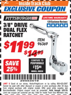 Harbor Freight ITC Coupon 3/8" DRIVE DUAL FLEX RATCHET Lot No. 96369 Expired: 3/31/19 - $11.99