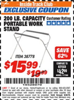 Harbor Freight ITC Coupon PORTABLE WORK STAND Lot No. 38778 Expired: 9/30/18 - $15.99