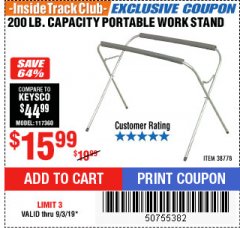 Harbor Freight ITC Coupon PORTABLE WORK STAND Lot No. 38778 Expired: 9/3/19 - $15.99