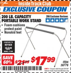 Harbor Freight ITC Coupon 200 LB. CAPACITY PORTABLE WORK STAND Lot No. 38778 Expired: 3/31/20 - $17.99