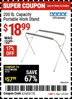 Harbor Freight Coupon PORTABLE WORK STAND Lot No. 38778 Expired: 1/21/24 - $18.99