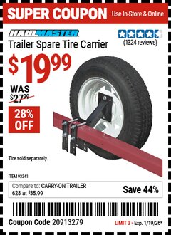 Harbor Freight Coupon HAUL-MASTER TRAILER SPARE TIRE CARRIER Lot No. 93341 Valid Thru: 1/19/26 - $19.99