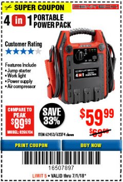 Harbor Freight Coupon 4-IN-1 JUMP STARTER WITH AIR COMPRESSOR Lot No. 60666/69401/62374/62453 Expired: 7/1/18 - $59.99