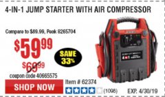 Harbor Freight Coupon 4-IN-1 JUMP STARTER WITH AIR COMPRESSOR Lot No. 60666/69401/62374/62453 Expired: 4/30/19 - $59.99