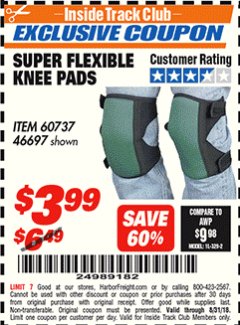 Harbor Freight ITC Coupon SUPER FLEXIBLE KNEE PADS Lot No. 46697/60737 Expired: 8/31/18 - $3.99