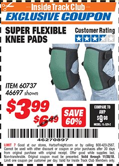 Harbor Freight ITC Coupon SUPER FLEXIBLE KNEE PADS Lot No. 46697/60737 Expired: 11/30/18 - $3.99