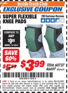 Harbor Freight ITC Coupon SUPER FLEXIBLE KNEE PADS Lot No. 46697/60737 Expired: 8/31/19 - $3.99