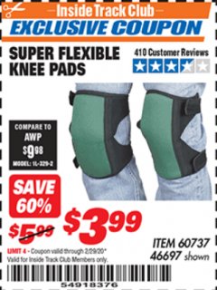 Harbor Freight ITC Coupon SUPER FLEXIBLE KNEE PADS Lot No. 46697/60737 Expired: 2/29/20 - $3.99