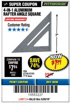 Harbor Freight Coupon 4-IN-1 ALUMINUM RAFTER ANGLE SQUARE Lot No. 7718/63140/63185 Expired: 9/30/18 - $1.99