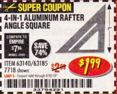 Harbor Freight Coupon 4-IN-1 ALUMINUM RAFTER ANGLE SQUARE Lot No. 7718/63140/63185 Expired: 6/17/19 - $1.99