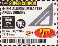 Harbor Freight Coupon 4-IN-1 ALUMINUM RAFTER ANGLE SQUARE Lot No. 7718/63140/63185 Expired: 7/31/19 - $1.99
