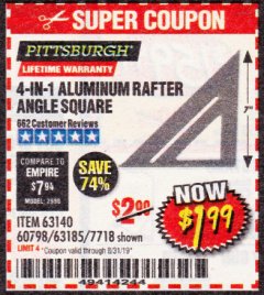 Harbor Freight Coupon 4-IN-1 ALUMINUM RAFTER ANGLE SQUARE Lot No. 7718/63140/63185 Expired: 8/31/19 - $1.99