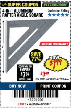 Harbor Freight Coupon 4-IN-1 ALUMINUM RAFTER ANGLE SQUARE Lot No. 7718/63140/63185 Expired: 9/30/19 - $1.79