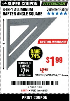Harbor Freight Coupon 4-IN-1 ALUMINUM RAFTER ANGLE SQUARE Lot No. 7718/63140/63185 Expired: 6/30/20 - $1.99