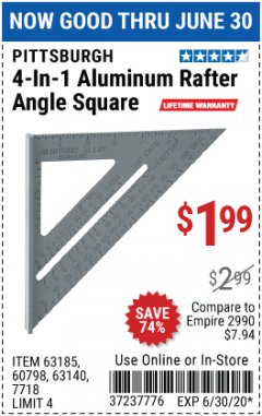 Harbor Freight Coupon 4-IN-1 ALUMINUM RAFTER ANGLE SQUARE Lot No. 7718/63140/63185 Expired: 6/30/20 - $1.99