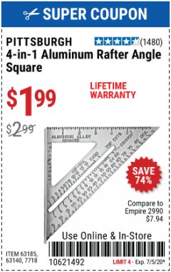 Harbor Freight Coupon 4-IN-1 ALUMINUM RAFTER ANGLE SQUARE Lot No. 7718/63140/63185 Expired: 7/5/20 - $1.99