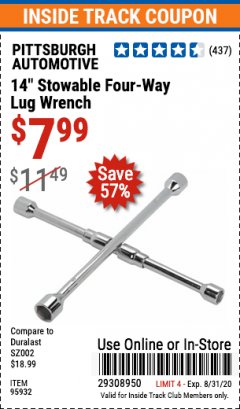 Harbor Freight ITC Coupon 14" STOWABLE FOUR-WAY LUG WRENCH Lot No. 95932 Expired: 8/31/20 - $7.99