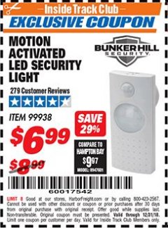 Harbor Freight ITC Coupon MOTION ACTIVATED LED SECURITY LIGHT Lot No. 99938 Expired: 12/31/18 - $6.99