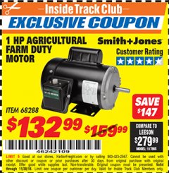 Harbor Freight ITC Coupon 1 HP FARM DUTY AGRICULTURAL MOTOR Lot No. 68288 Expired: 11/30/18 - $132.99