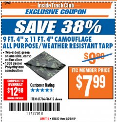 Harbor Freight ITC Coupon 9 FT. 4" x 11 FT. 4" CAMOUFLAGE WEATHER RESISTANT TARP Lot No. 46412/61766 Expired: 5/29/18 - $7.99