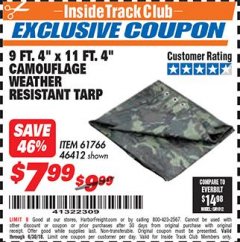 Harbor Freight ITC Coupon 9 FT. 4" x 11 FT. 4" CAMOUFLAGE WEATHER RESISTANT TARP Lot No. 46412/61766 Expired: 6/30/18 - $7.99