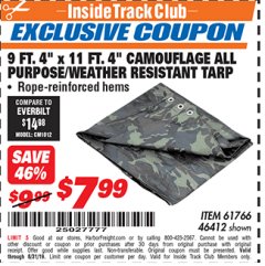Harbor Freight ITC Coupon 9 FT. 4" x 11 FT. 4" CAMOUFLAGE WEATHER RESISTANT TARP Lot No. 46412/61766 Expired: 8/31/19 - $7.99