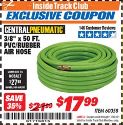 Harbor Freight ITC Coupon 3/8" x 50 FT. PVC/RUBBER AIR HOSE Lot No. 60358/62256 Expired: 11/30/19 - $17.99