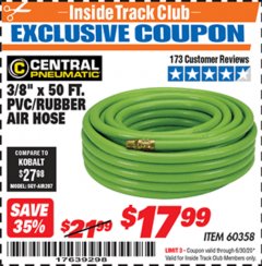 Harbor Freight ITC Coupon 3/8" x 50 FT. PVC/RUBBER AIR HOSE Lot No. 60358/62256 Expired: 6/30/20 - $17.99