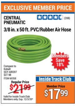 Harbor Freight ITC Coupon 3/8" x 50 FT. PVC/RUBBER AIR HOSE Lot No. 60358/62256 Expired: 12/3/20 - $17.99