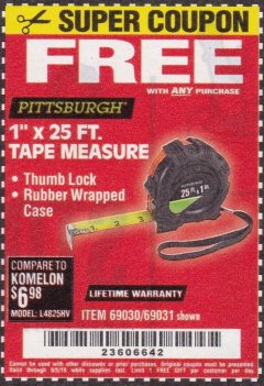 Harbor Freight FREE Coupon 1" X 25 FT. TAPE MEASURE Lot No. 69080/69030/69031 Expired: 9/5/19 - FWP