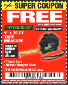 Harbor Freight FREE Coupon 1" X 25 FT. TAPE MEASURE Lot No. 69080/69030/69031 Expired: 1/31/20 - FWP