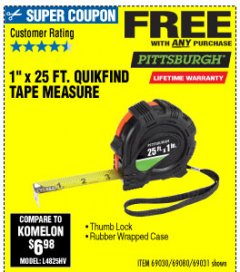 Harbor Freight FREE Coupon 1" X 25 FT. TAPE MEASURE Lot No. 69080/69030/69031 Expired: 10/4/19 - FWP