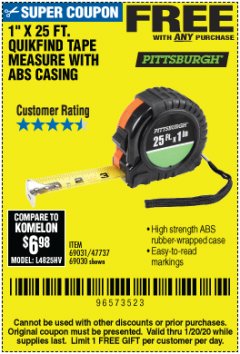 Harbor Freight FREE Coupon 1" X 25 FT. TAPE MEASURE Lot No. 69080/69030/69031 Expired: 1/20/20 - FWP