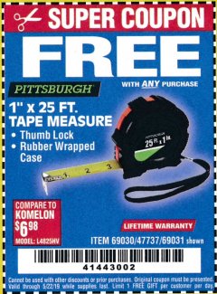Harbor Freight FREE Coupon 1" X 25 FT. TAPE MEASURE Lot No. 69080/69030/69031 Expired: 5/22/19 - FWP