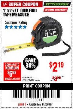 Harbor Freight Coupon 1" X 25 FT. TAPE MEASURE Lot No. 69080/69030/69031 Expired: 11/24/19 - $2.19