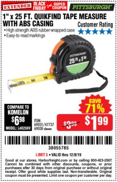 Harbor Freight Coupon 1" X 25 FT. TAPE MEASURE Lot No. 69080/69030/69031 Expired: 12/8/19 - $1.99