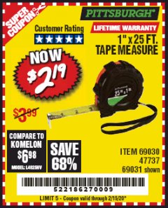 Harbor Freight Coupon 1" X 25 FT. TAPE MEASURE Lot No. 69080/69030/69031 Expired: 2/15/20 - $2.19