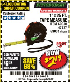 Harbor Freight Coupon 1" X 25 FT. TAPE MEASURE Lot No. 69080/69030/69031 Expired: 6/30/20 - $2.19