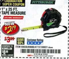 Harbor Freight Coupon 1" X 25 FT. TAPE MEASURE Lot No. 69080/69030/69031 Expired: 6/30/20 - $2.19