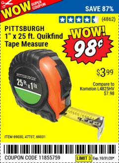 Harbor Freight Coupon 1" X 25 FT. TAPE MEASURE Lot No. 69080/69030/69031 Expired: 10/31/20 - $0.98
