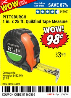 Harbor Freight Coupon 1" X 25 FT. TAPE MEASURE Lot No. 69080/69030/69031 Expired: 11/30/20 - $0.98
