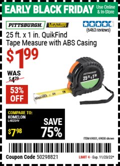 Harbor Freight Coupon 1" X 25 FT. TAPE MEASURE Lot No. 69080/69030/69031 Expired: 1/23/22 - $1.99