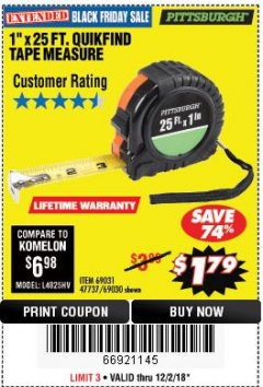 Harbor Freight Coupon 1" X 25 FT. TAPE MEASURE Lot No. 69080/69030/69031 Expired: 12/2/18 - $1.79