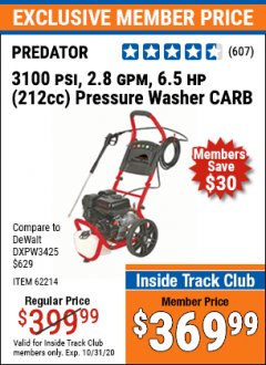 Harbor Freight ITC Coupon 3100 PSI, 2.8 GPM 6.5 HP (212 CC) GAS POWERED PRESSURE WASHERS WITH 25 FT. HOSE Lot No. 62200/62214 Expired: 10/31/20 - $369.99