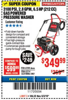 Harbor Freight Coupon 3100 PSI, 2.8 GPM 6.5 HP (212 CC) GAS POWERED PRESSURE WASHERS WITH 25 FT. HOSE Lot No. 62200/62214 Expired: 6/3/18 - $349.99
