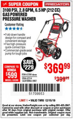 Harbor Freight Coupon 3100 PSI, 2.8 GPM 6.5 HP (212 CC) GAS POWERED PRESSURE WASHERS WITH 25 FT. HOSE Lot No. 62200/62214 Expired: 12/15/19 - $369.99