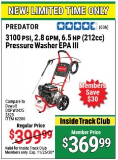 Harbor Freight Coupon 3100 PSI, 2.8 GPM 6.5 HP (212 CC) GAS POWERED PRESSURE WASHERS WITH 25 FT. HOSE Lot No. 62200/62214 Expired: 11/25/20 - $369.99
