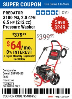 Harbor Freight Coupon 3100 PSI, 2.8 GPM 6.5 HP (212 CC) GAS POWERED PRESSURE WASHERS WITH 25 FT. HOSE Lot No. 62200/62214 Expired: 12/31/20 - $379.99